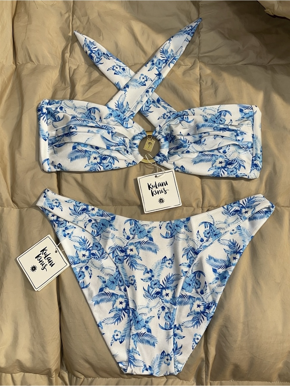 Kulani Kinis White and Blue Floral Cross-Strap Bikini